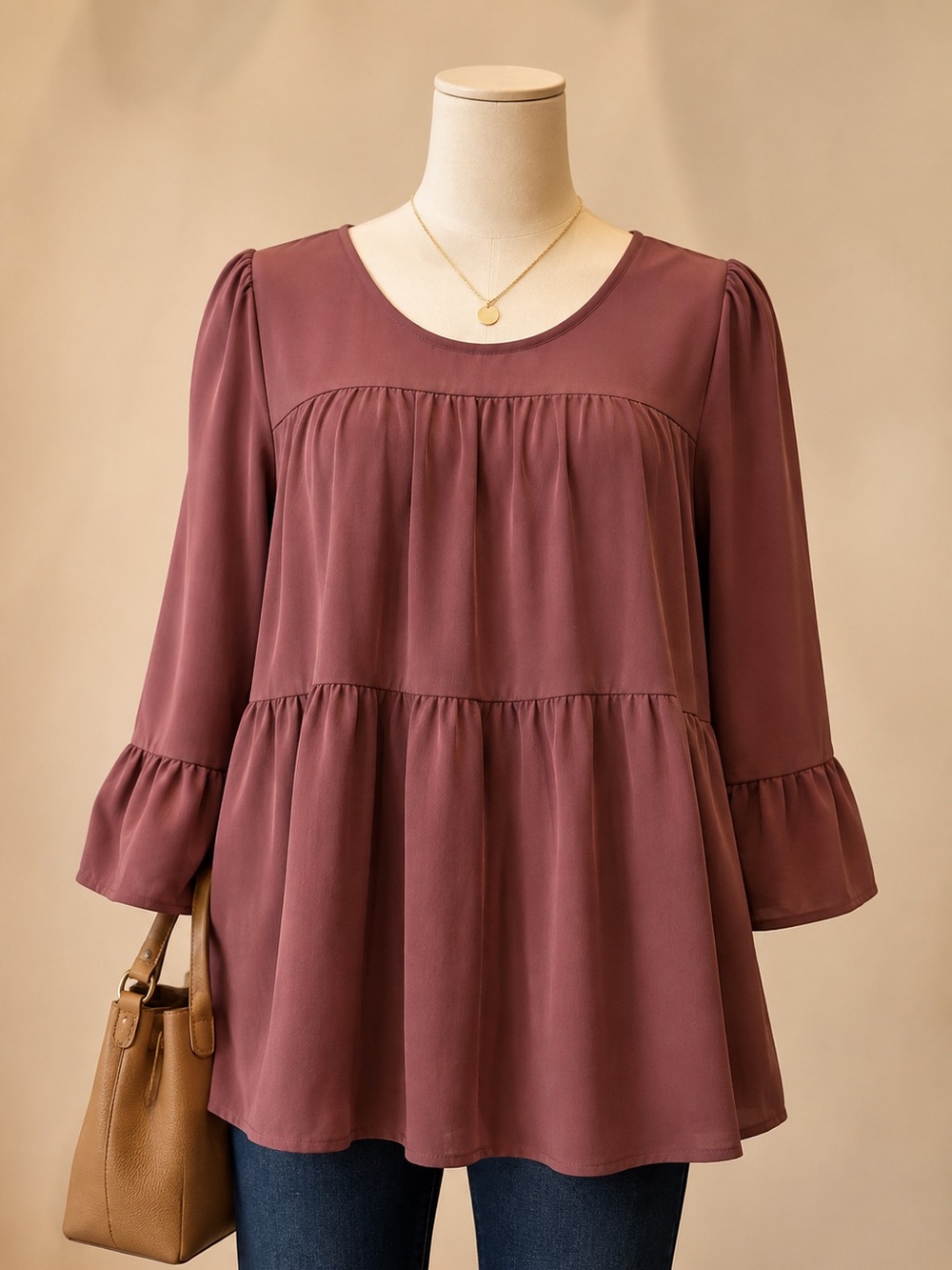 Chic Soul Plus Size 2X Babydoll Blouse Mauve Tiered Bell Sleeve Boho Top
